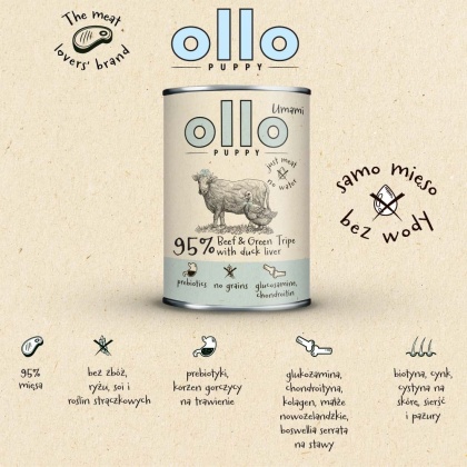 Ollo Umami PUPPY - Wołowina & Zielone Żwacze z kaczą wątróbką - dla szczeniąt 850g