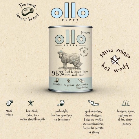 Ollo Umami PUPPY - Wołowina & Zielone Żwacze z kaczą wątróbką - dla szczeniąt 850g Ollo Umami PUPPY - Wołowina & Zielone Żwacze z kaczą wątróbką - dla szczeniąt 850g