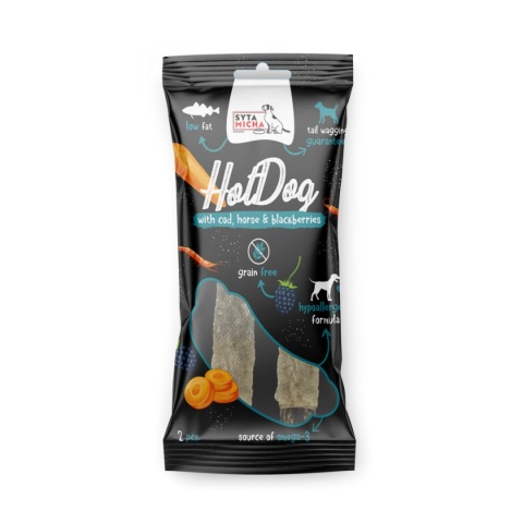 Syta Micha - Hot Dog do żucia - Konina z jeżynami w skórze z dorsza 2 szt.