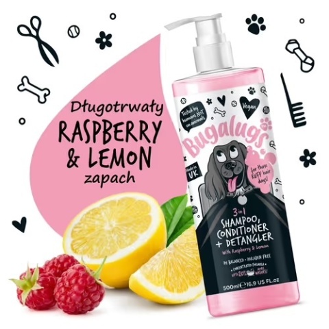 Bugalugs - 3w1 szampon, odżywka i rozkołtuniacz dla psa, o zapachu maliny z cytryną - 3in1 Shampoo Conditioner & Detangler