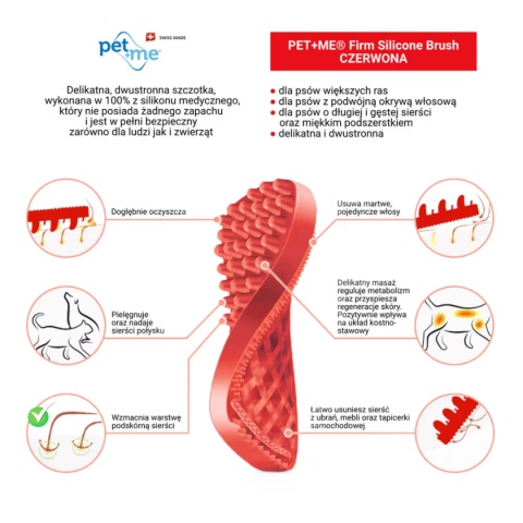 Pet+Me Firm Silicone Brush Red - szczotka silikonowa dla psa, do gęstej i długiej sierści z grubym podszerstkiem, czerwona